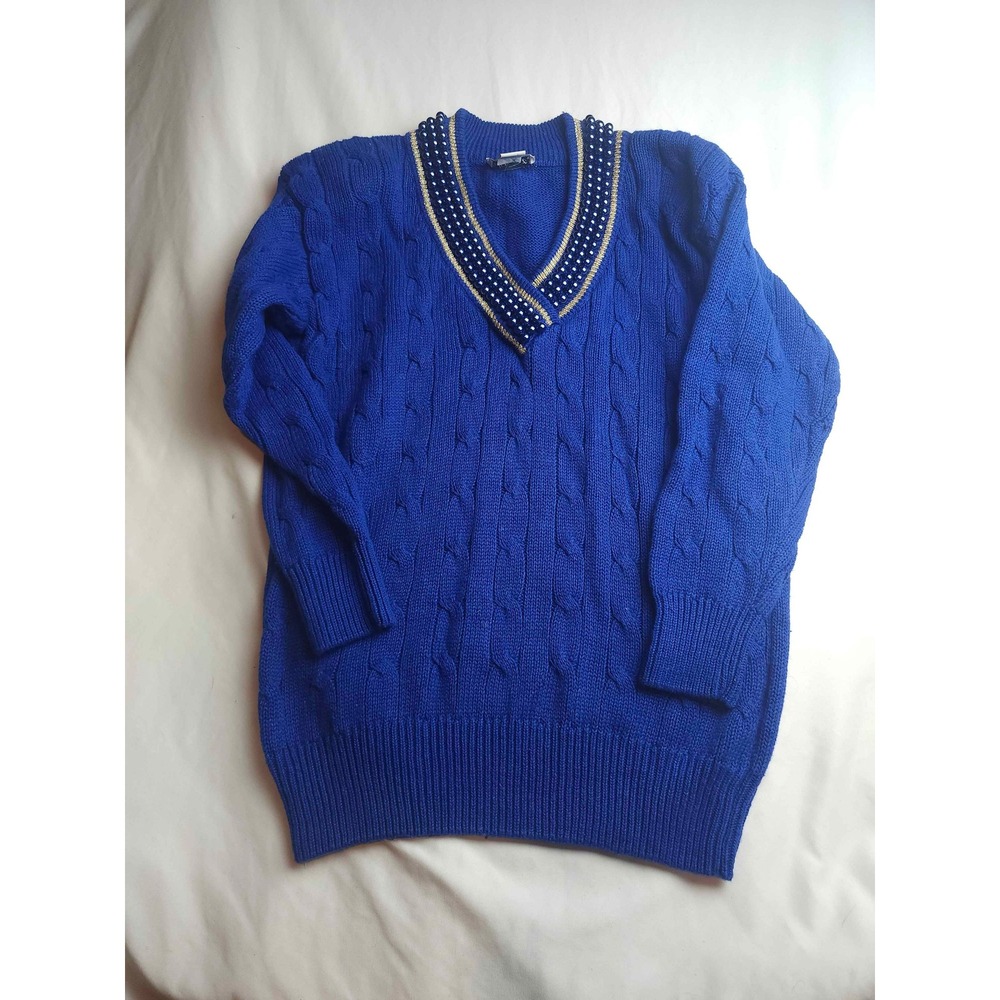 Eminent Vintage Royal Blue Cable Knit Pearl Beaded V-Neck Sweater Small Womens